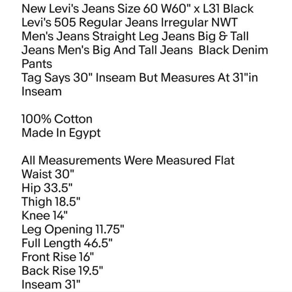 New Levi's Jeans Size 60 W60" x L31 Black Levi's 505 Regular Jeans Irregular NWT - Picture 2 of 8